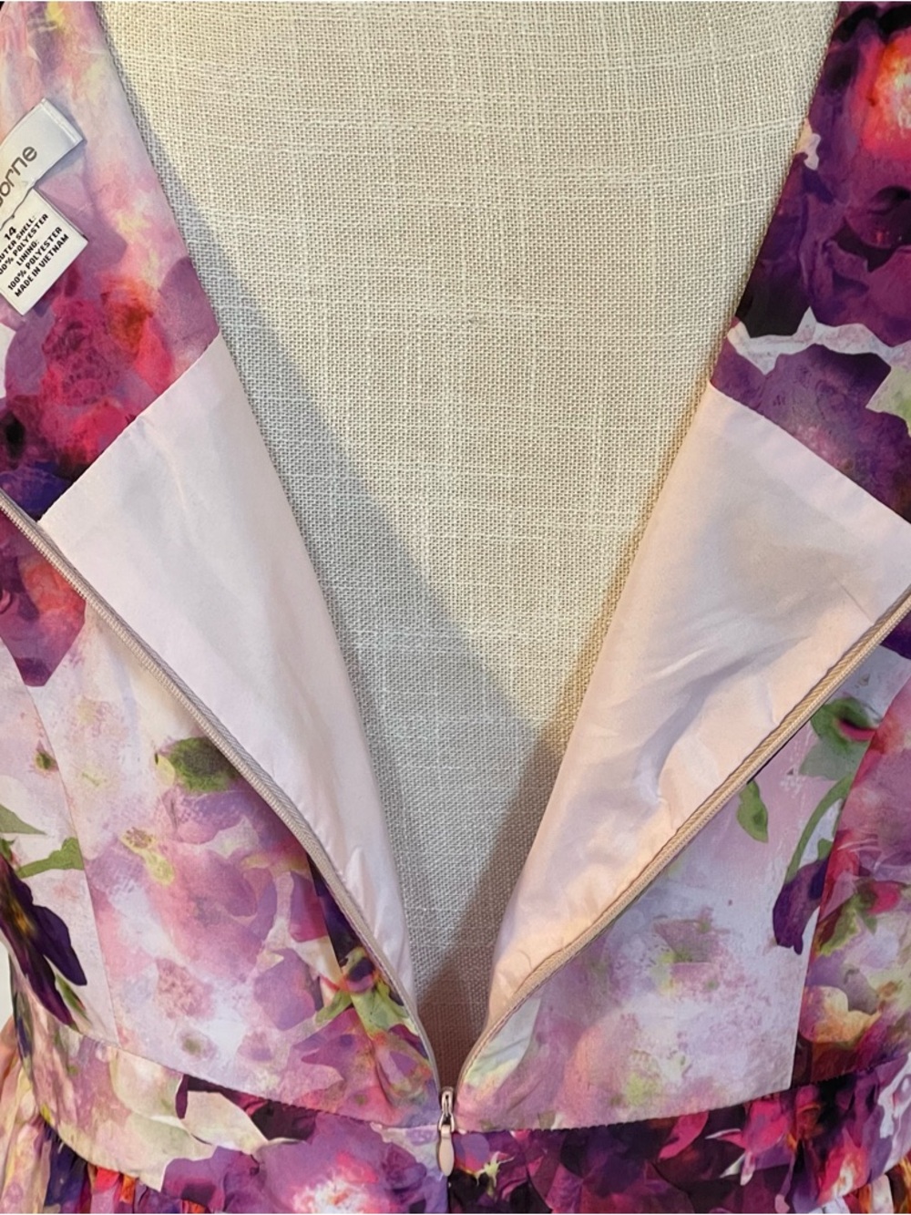 Liz Claiborne Purple Pink Floral Fit and Flare Midi Dress with Black-Trim Hem - Picture 8 of 10